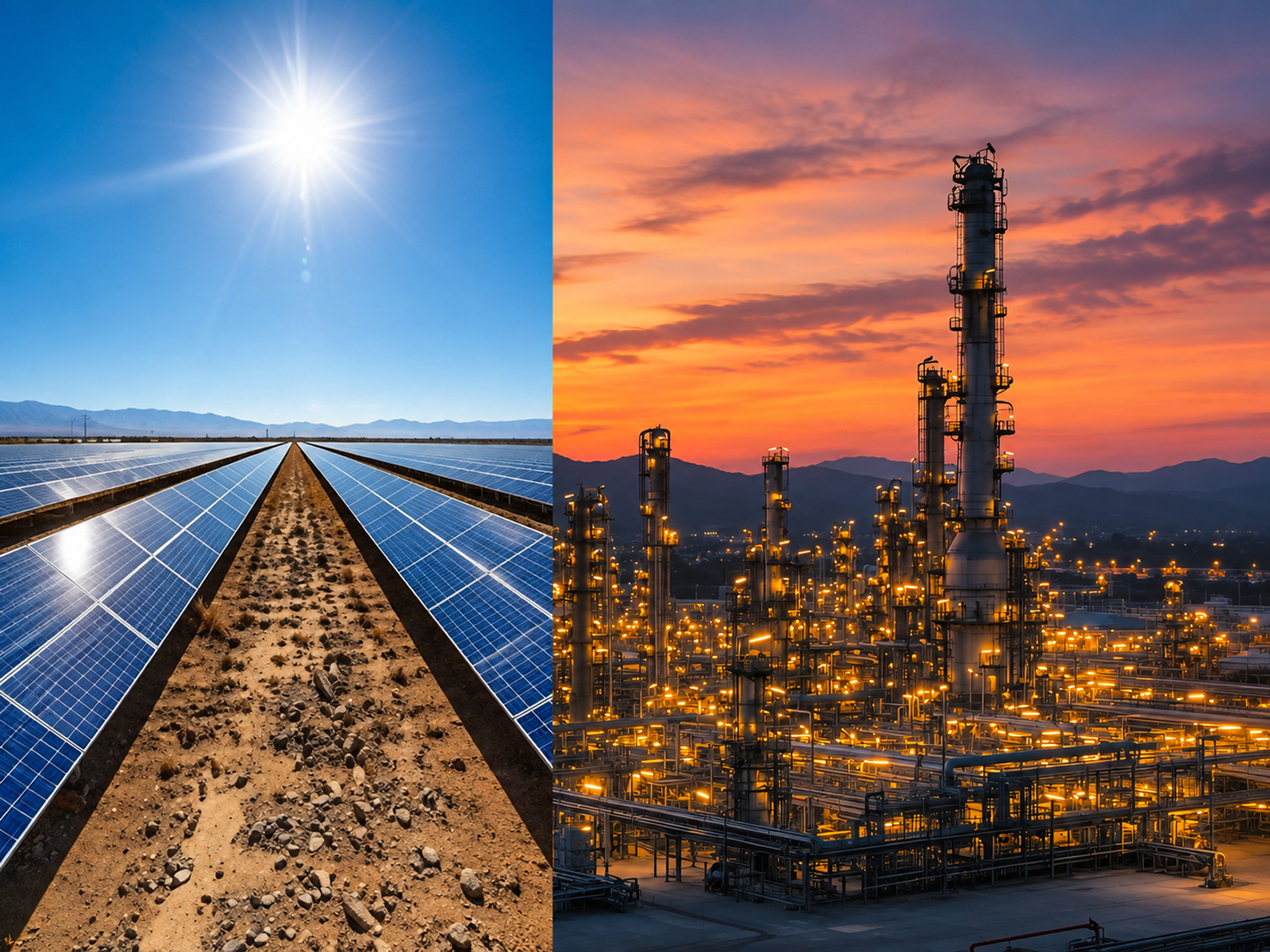 Solar panel array and gas infrastructure at dusk